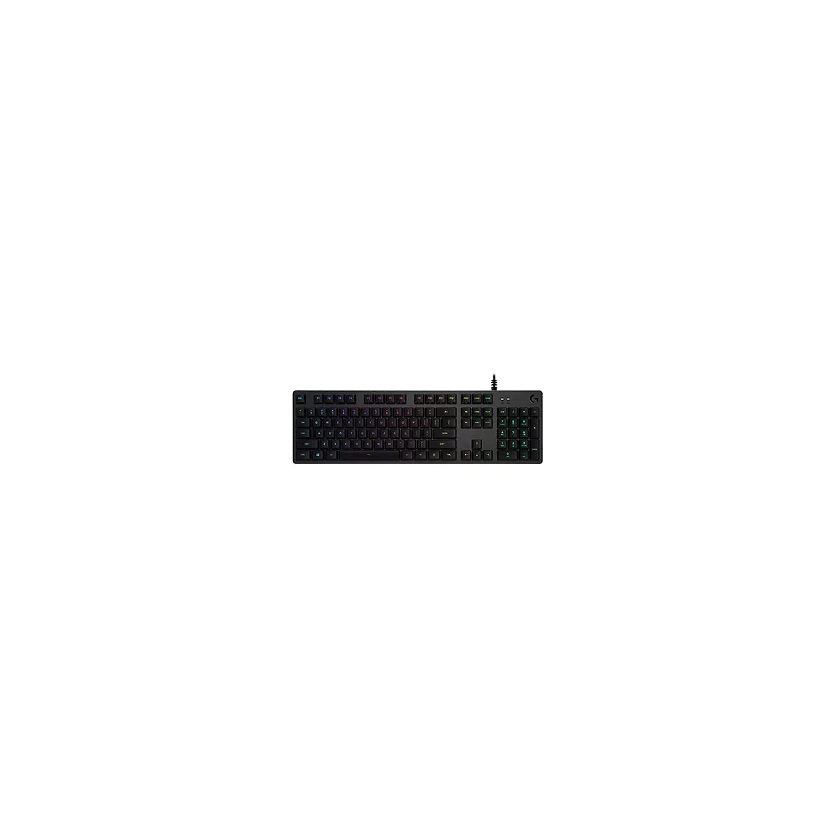 Schwarze Gaming-Tastatur mit mehrfarbiger Beleuchtung. Die Tastatur ist mit einem Kabel versehen.