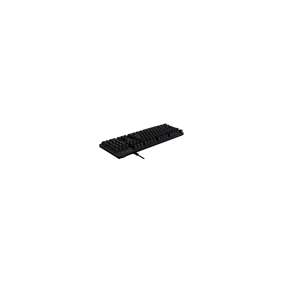 Schwarze Gaming-Tastatur, mit beleuchteten Tasten und Kabel, schräg von oben fotografiert.