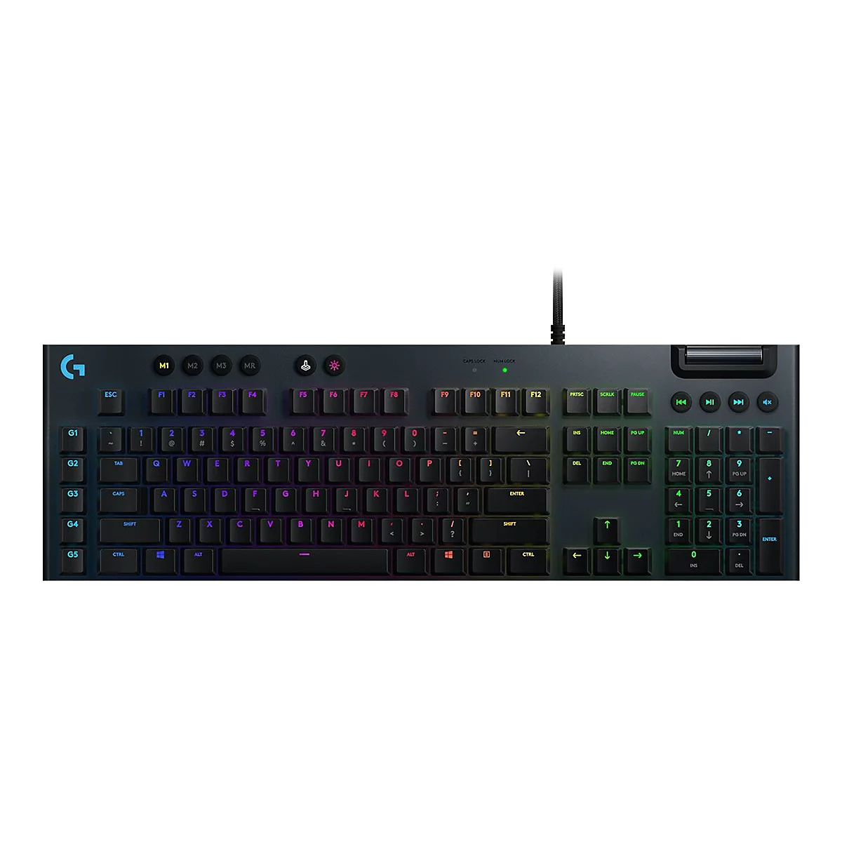 Schwarze Gaming-Tastatur mit bunten, beleuchteten Tasten. Das Logo ist in der oberen linken Ecke.