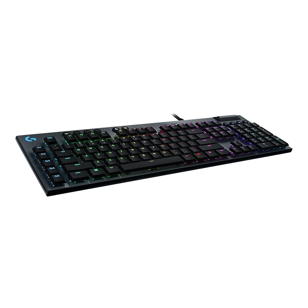 Schwarze Gaming-Tastatur mit farbiger Hintergrundbeleuchtung, Ansicht von oben und leicht schräg.