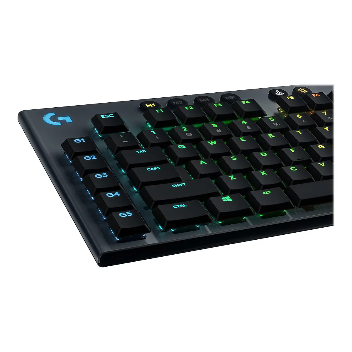 Schwarze Gaming-Tastatur mit beleuchteten Tasten, Detailaufnahme. Tasten mit grüner und blauer Beleuchtung und verschiedenen Funktionen.