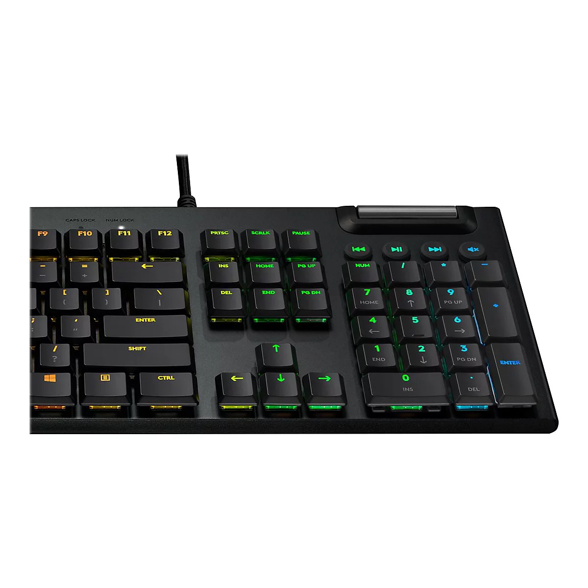 Draufsicht auf eine schwarze mechanische Tastatur mit beleuchteten Tasten. Einige Tasten sind gelb, grün oder blau beleuchtet.