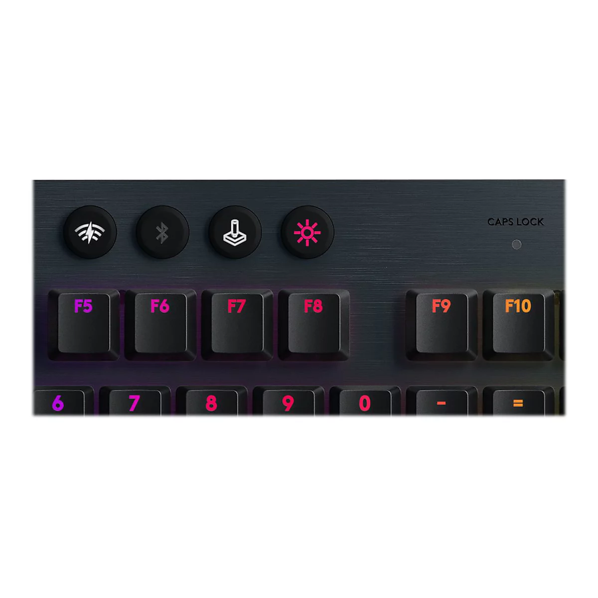 Nahaufnahme einer schwarzen Tastatur. Oben befinden sich Funktionstasten und eine Caps Lock-Anzeige.