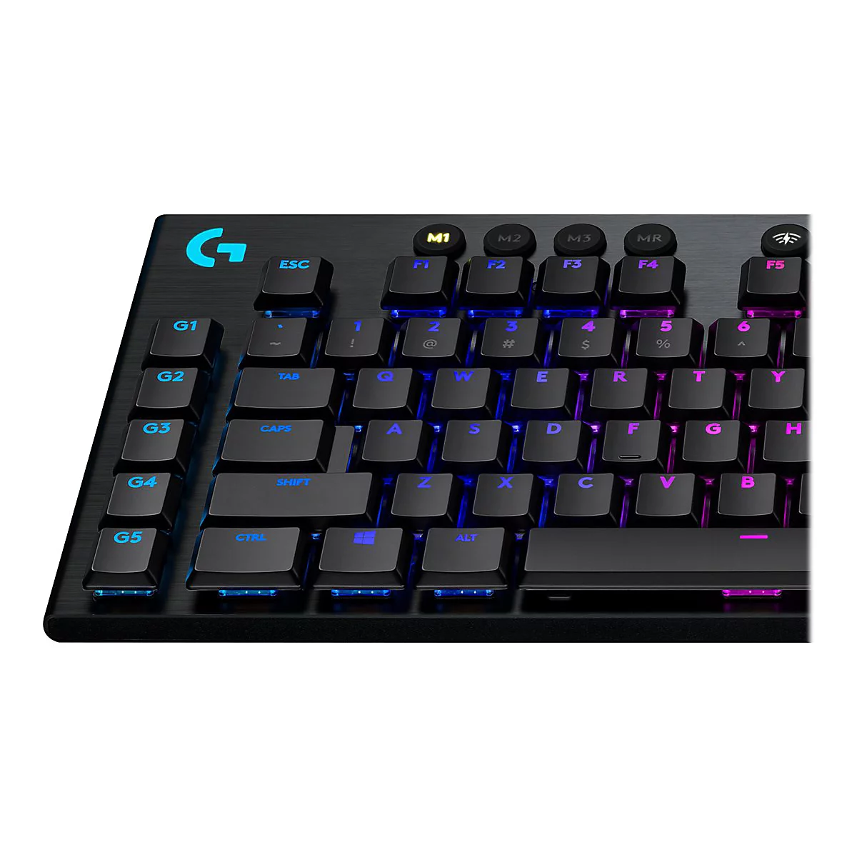 Schwarze Gaming-Tastatur mit RGB-Beleuchtung, das Logo 'G' und Tastenbeschriftungen sind sichtbar.