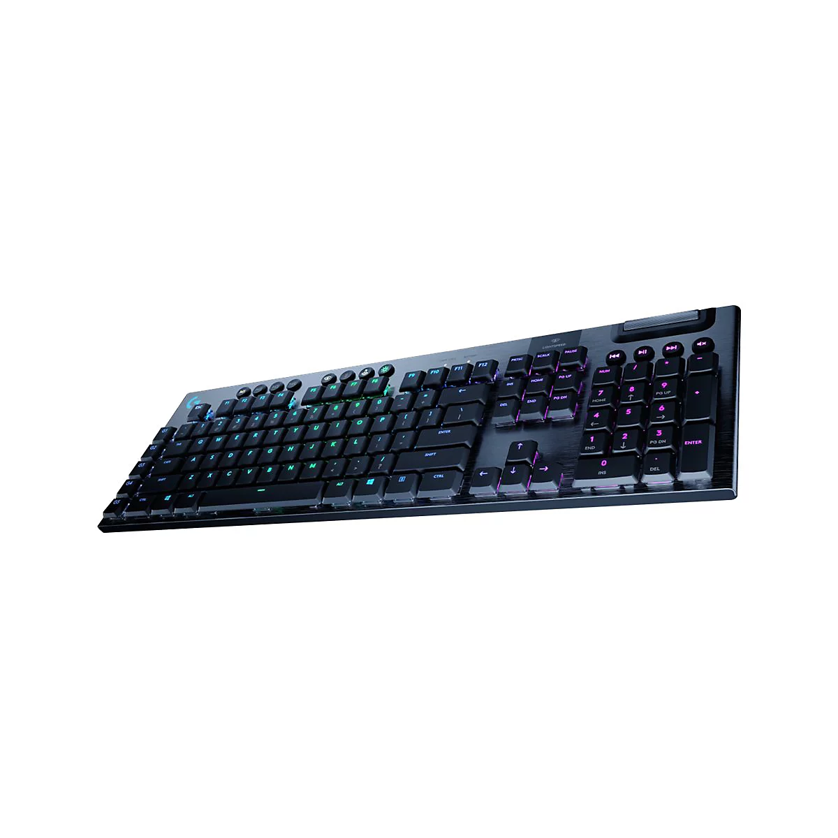 Schwarze Gaming-Tastatur mit farbiger Beleuchtung, im weiÃŸen Hintergrund.