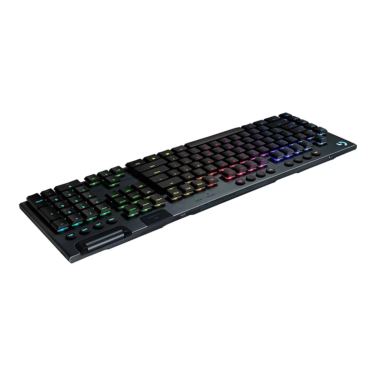Schwarze Gaming-Tastatur mit farbiger Beleuchtung auf weiÃŸem Hintergrund. Das Logo ist sichtbar.