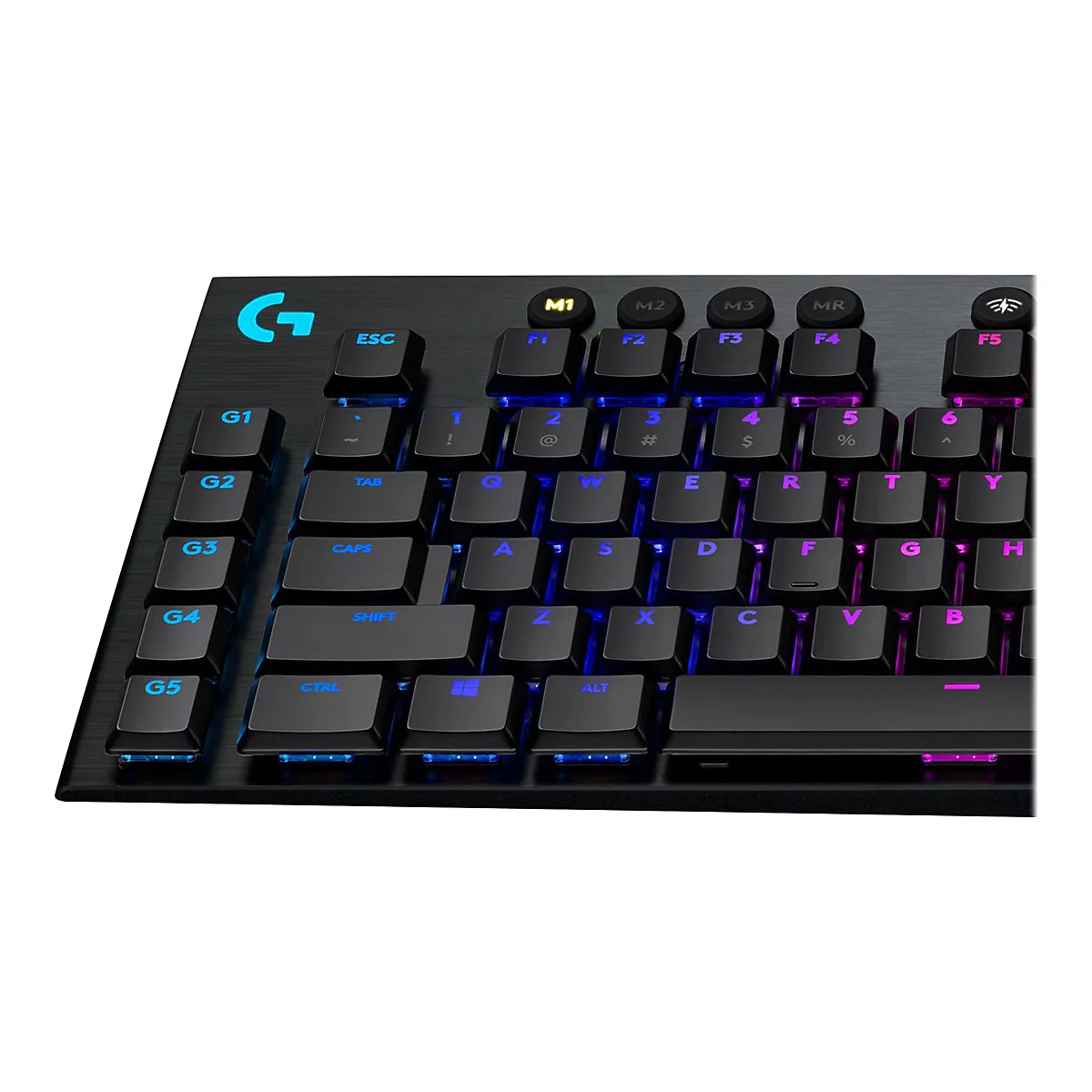 Schwarze Tastatur mit blauer und pinkfarbener Hintergrundbeleuchtung, G-Logo.