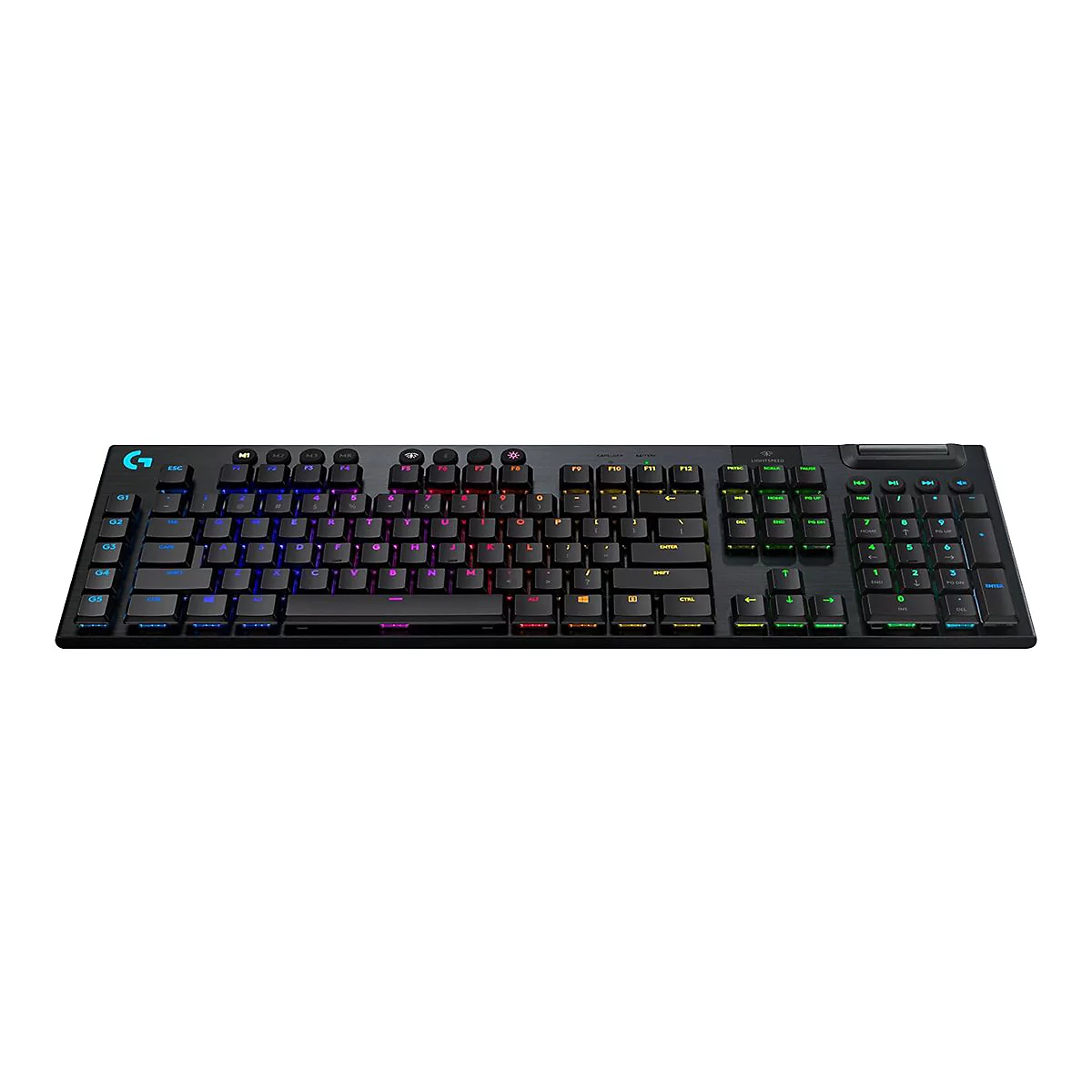 Schwarze Tastatur mit RGB-Beleuchtung. Buchstaben und Ziffern erkennbar, Logo links oben.