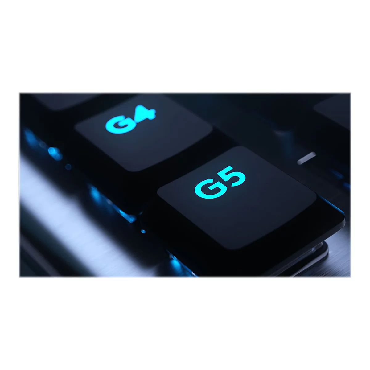 Nahaufnahme einer schwarzen Tastatur. Die Tasten G4 und G5 leuchten blau.