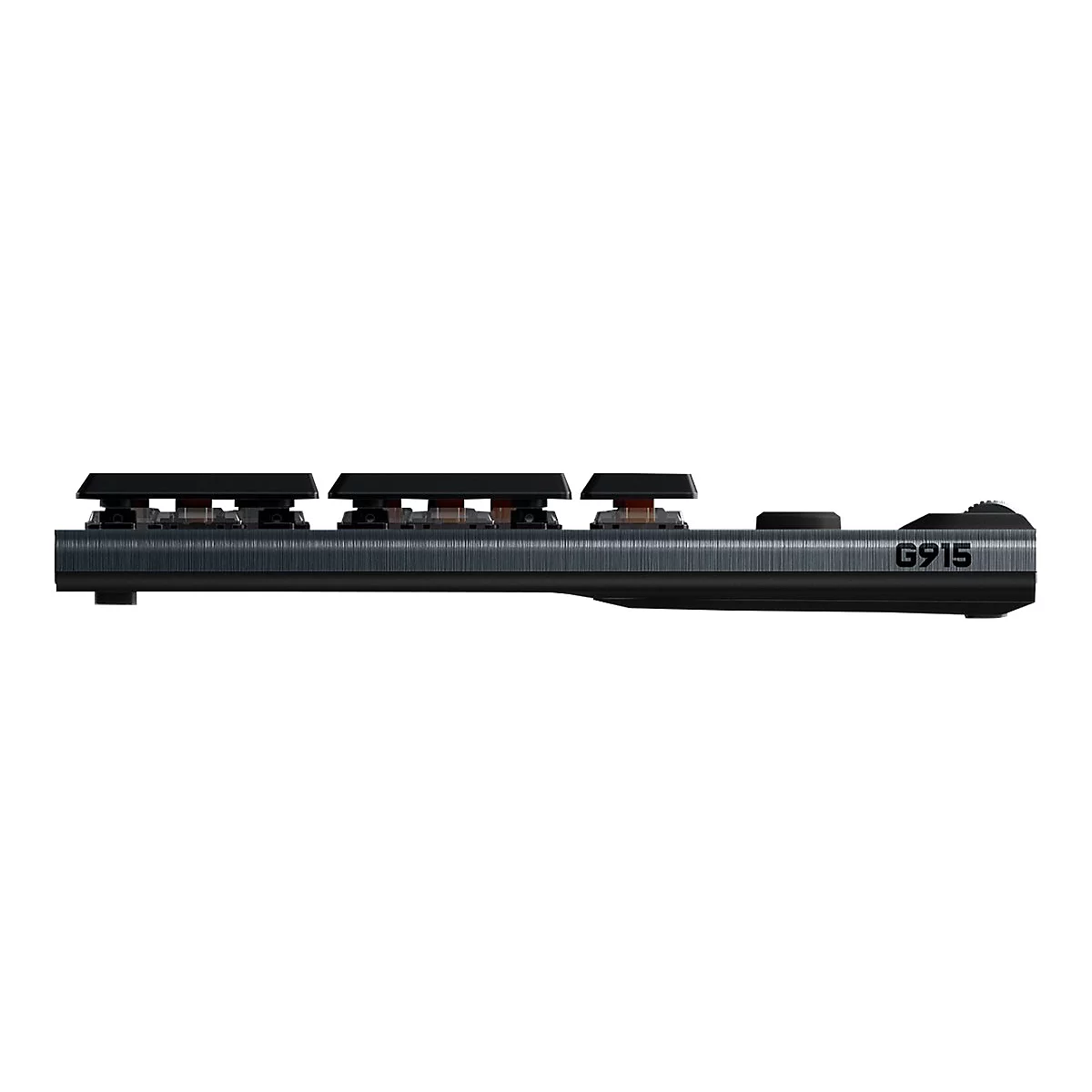Draufsicht auf eine schwarze Tastatur, sichtbar sind nur die Tasten und die Seite mit der Aufschrift G915.