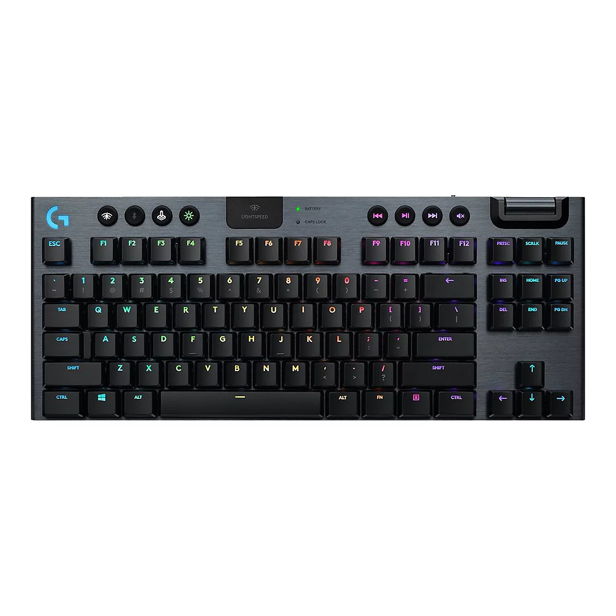 Dunkle mechanische Tastatur mit farbigen Tasten, Beleuchtung und Logitech-Logo.