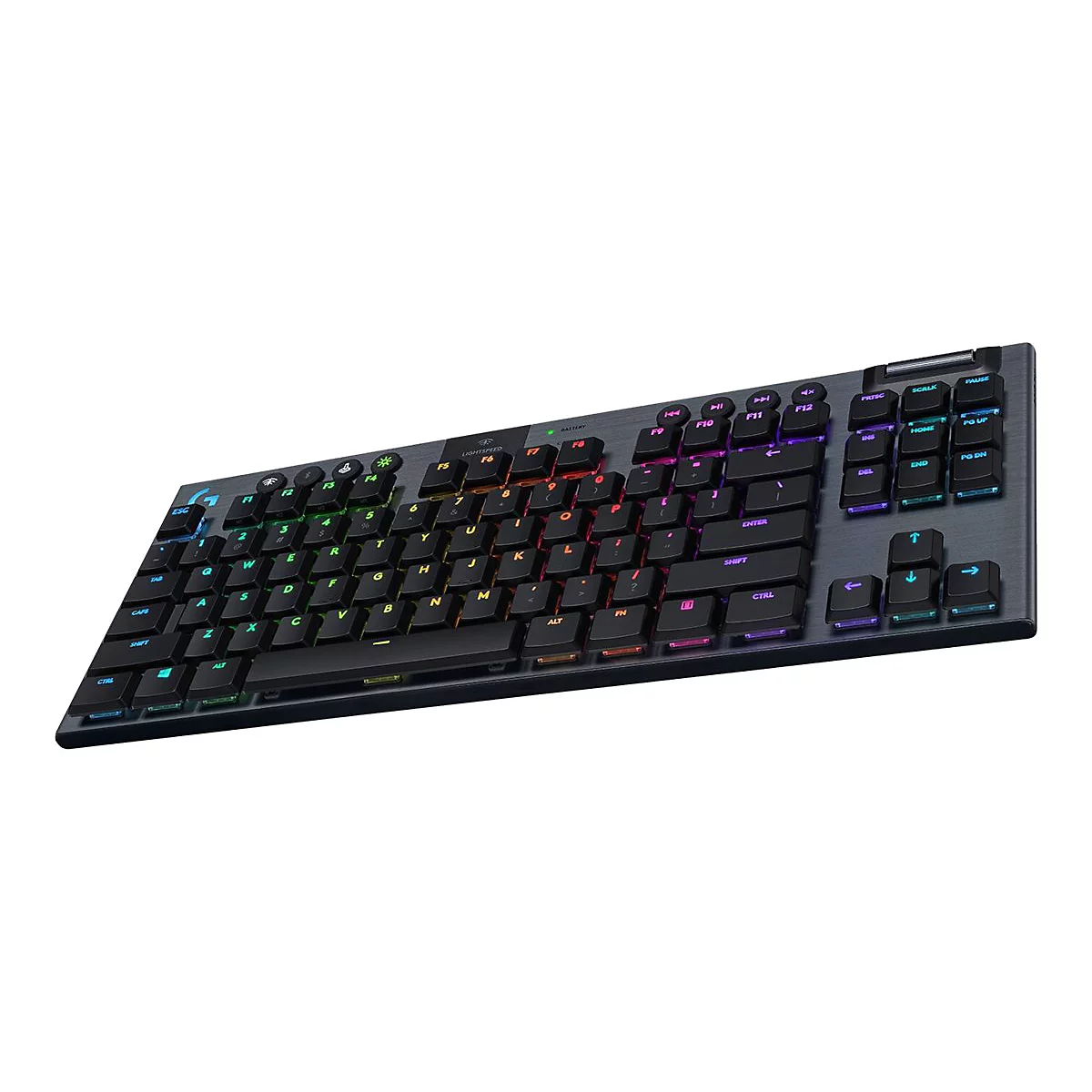 Schwarze Tastatur mit mehrfarbiger Hintergrundbeleuchtung. Die Tasten sind schwarz, das GehÃ¤use grau.