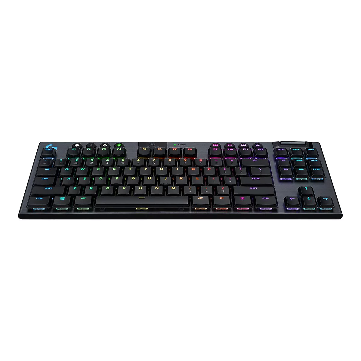 Schwarze Tastatur mit RGB-Beleuchtung auf weiÃŸem Hintergrund. Tasten mit unterschiedlichen Farben.