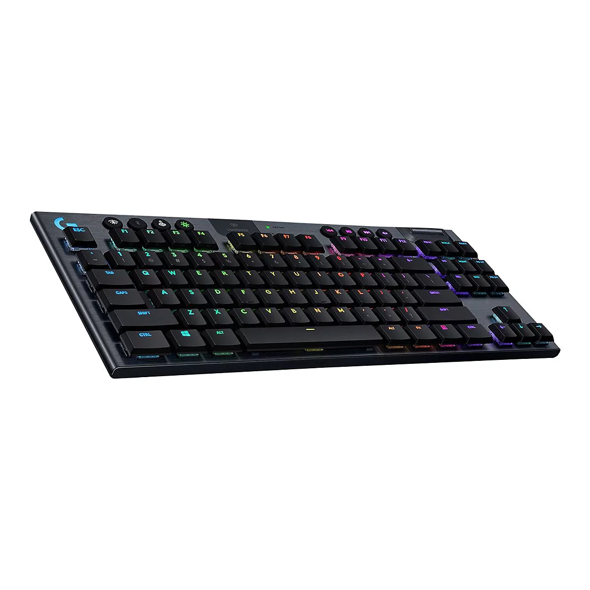 Schwarze Gaming-Tastatur mit farbiger Beleuchtung. Die Tasten sind schwarz und die Beschriftung ist beleuchtet.