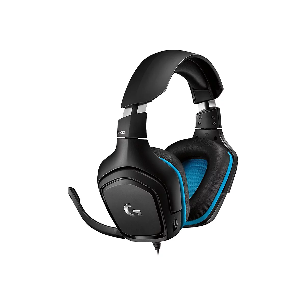 Schwarzes Gaming-Headset mit blauem Akzent und Mikrofon, vor weißem Hintergrund. Das Headset hat die Bezeichnung G432.