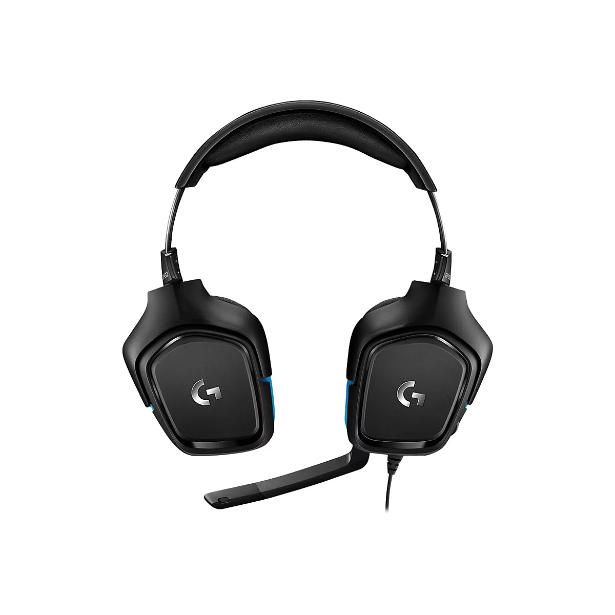 Schwarzes Gaming-Headset mit blauem Akzent. Ein Mikrofon ist am linken Ohrhörer befestigt. Auf den Ohrhörern ist ein weißes "G" Logo zu sehen.
