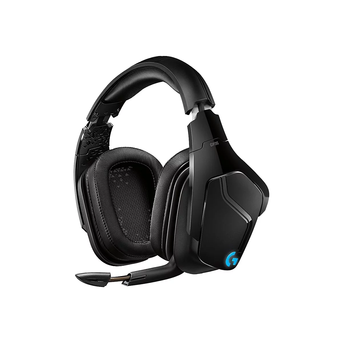 Schwarzes Gaming-Headset, Blick von vorne. Mikrofon, Ohrmuscheln und Kopfbügel sind sichtbar. Auf einer Ohrmuschel steht G935.