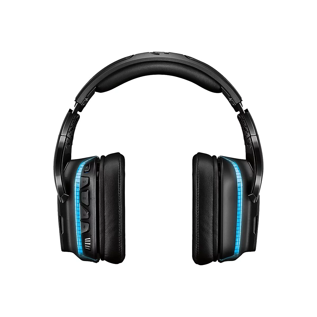 Schwarzes Headset mit blauen Lichtern an den Ohrmuscheln und verstellbarem Kopfbügel.