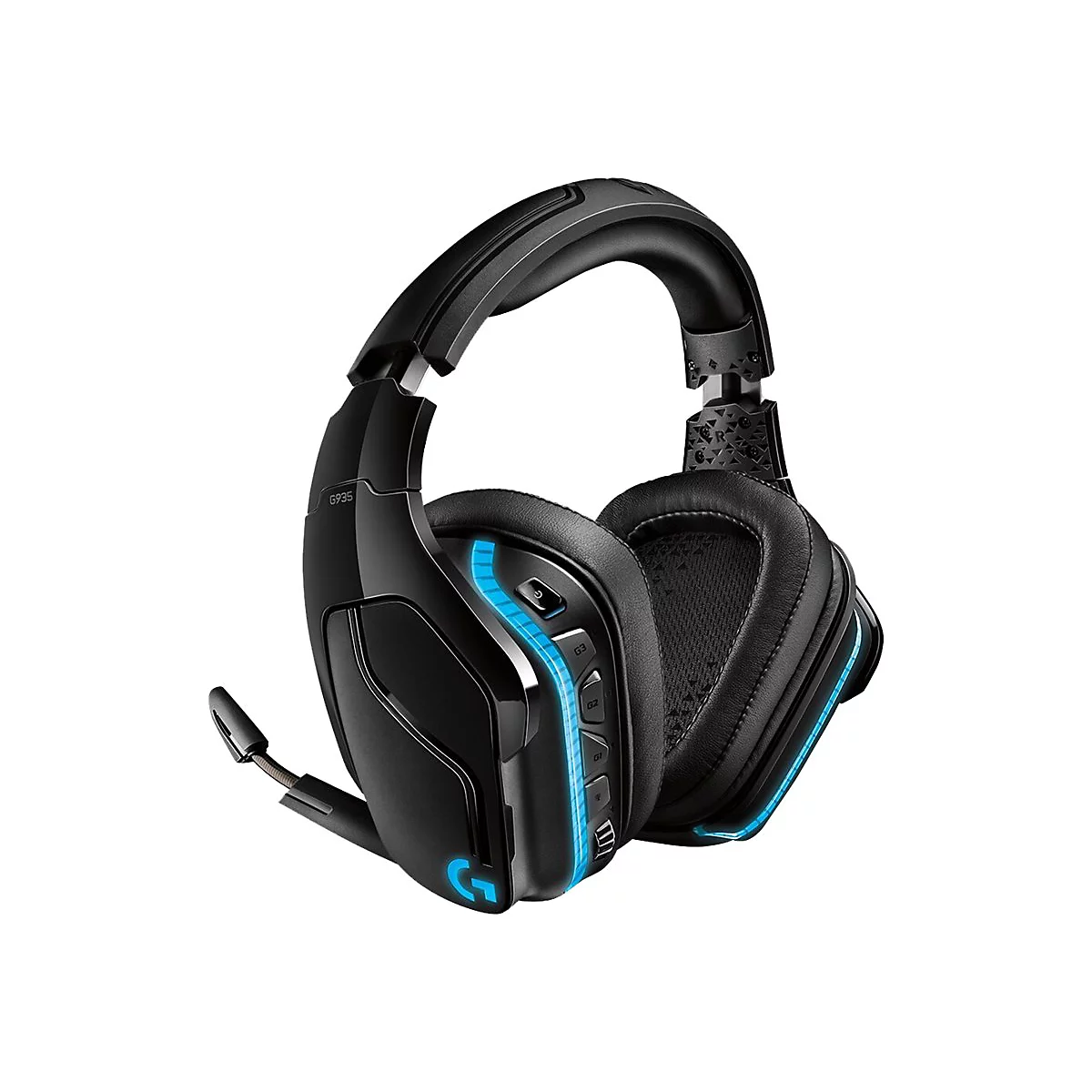 Schwarzes Gaming-Headset mit blauem Leuchteffekt. Mikrofon, Knöpfe und Logitech-Logo sind erkennbar.