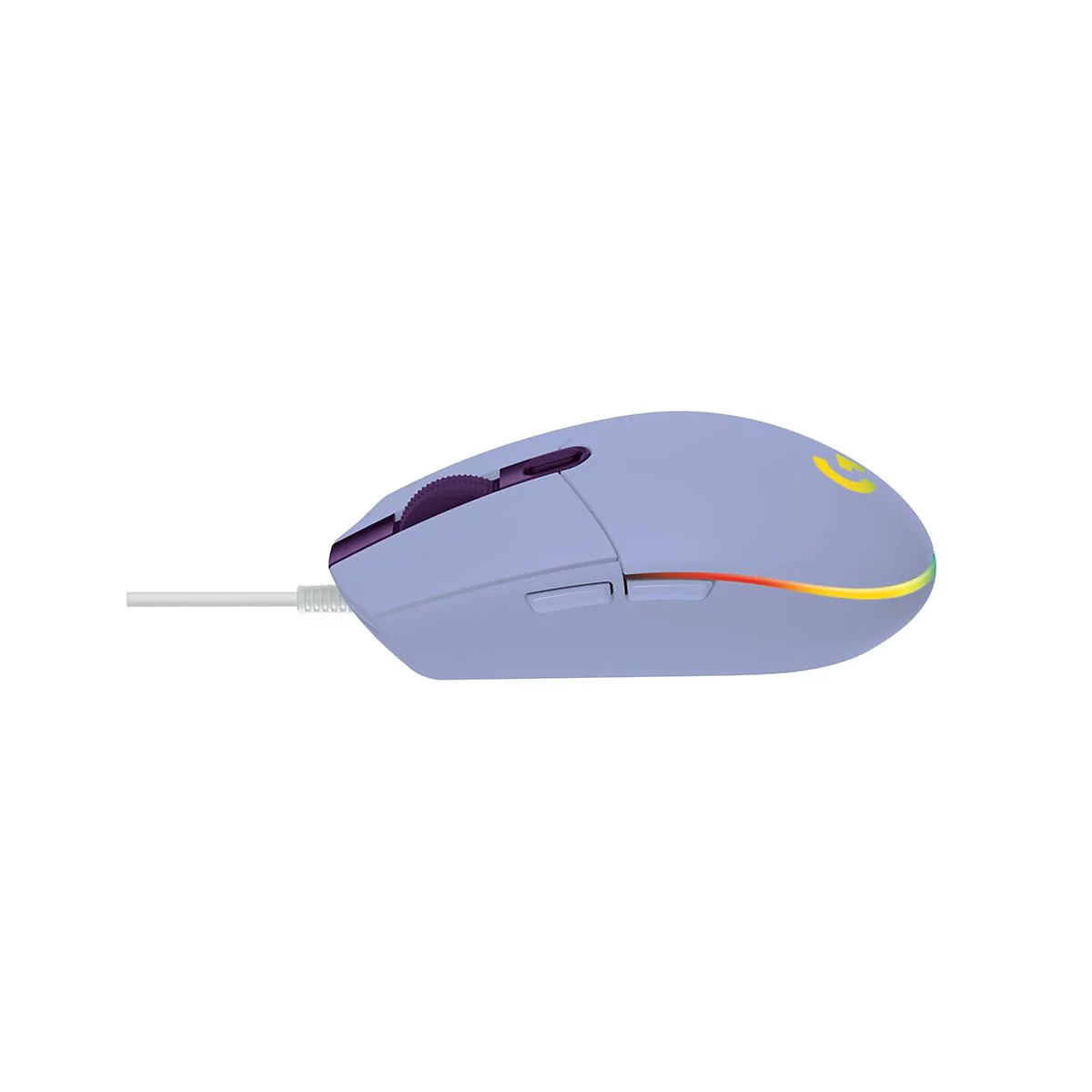 Hellblauer Gaming-Maus, lila Akzente, beleuchtetes Logo.
