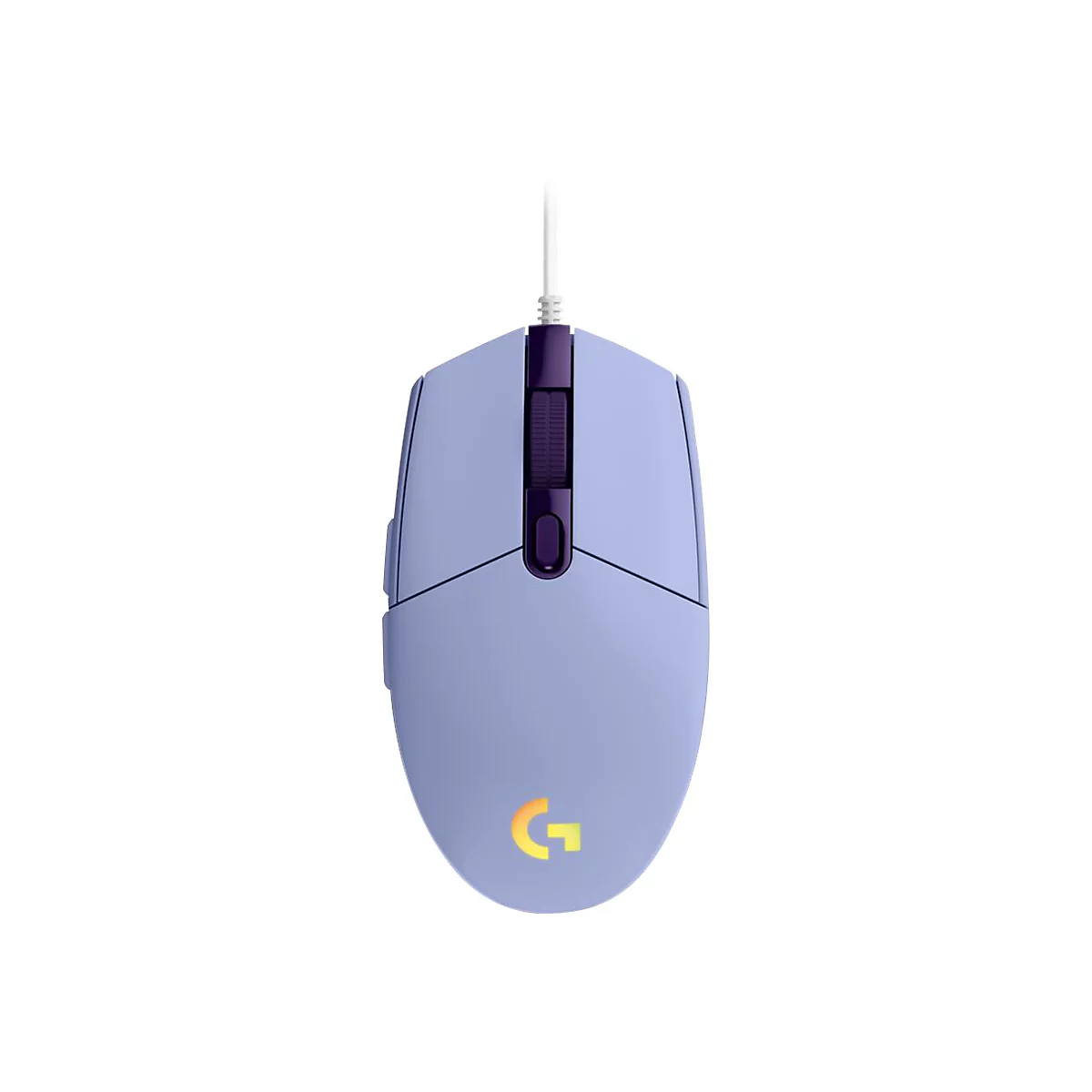 Hellblauer Gaming-Maus mit dunkelvioletten Akzenten und weiÃŸem Kabel. Unten das Logitech-Logo.