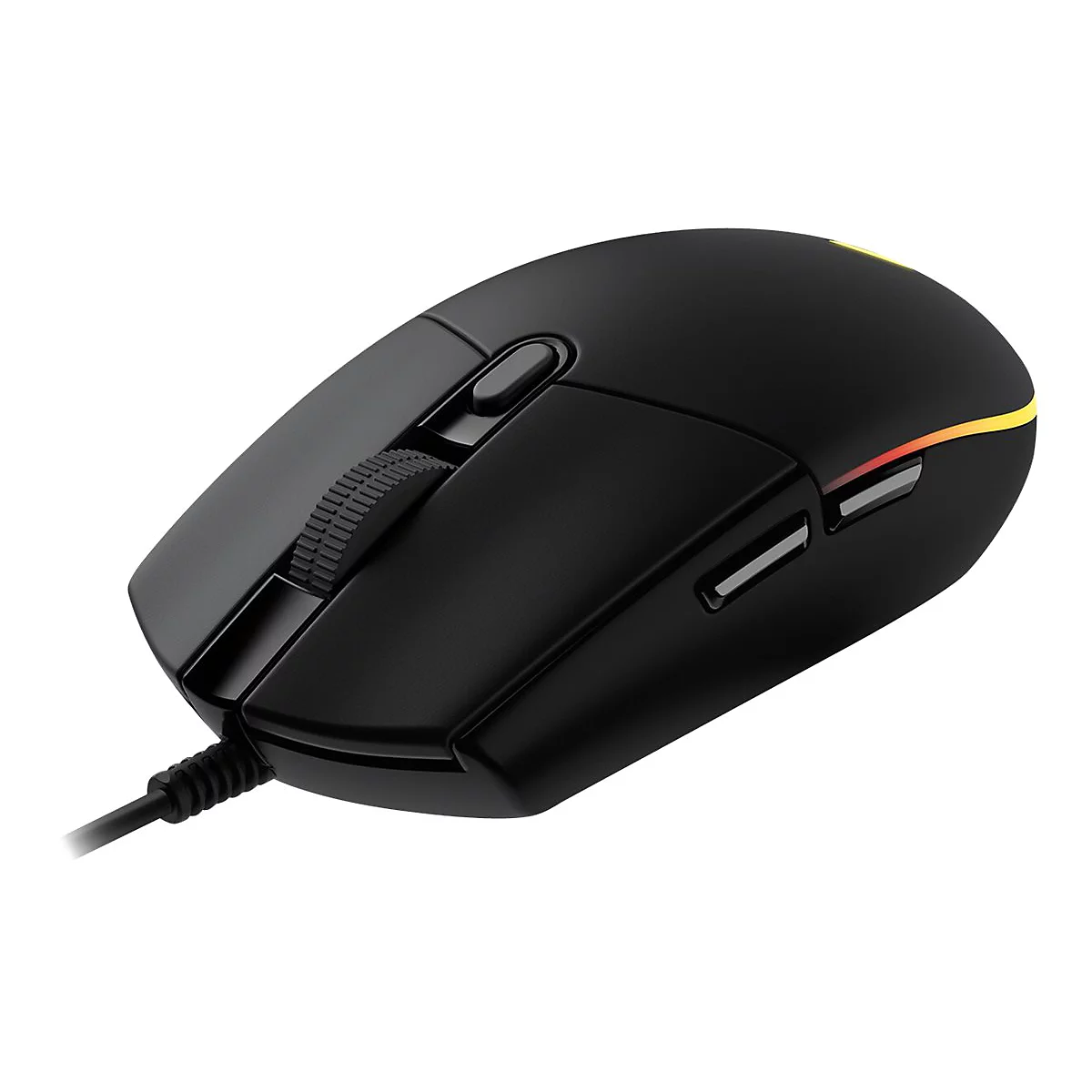Schwarze Gaming-Maus mit Kabel. Die Maus hat eine graue Scrollrad und RGB-Beleuchtung.