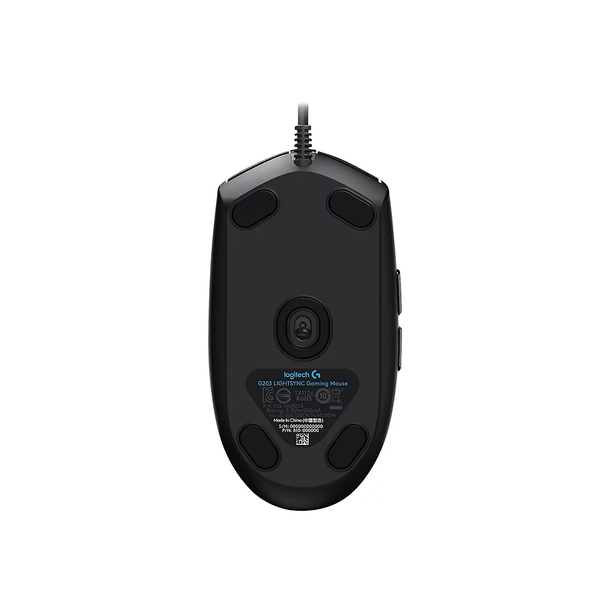Schwarze Gaming-Maus von unten, mit Kabel, Logo und technischen Daten.