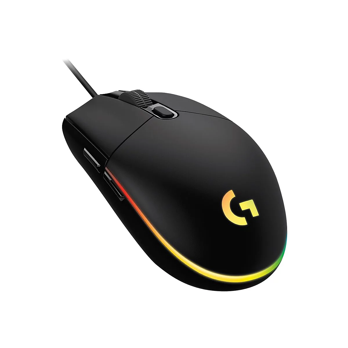 Schwarze Gaming-Maus mit Logo und farbigem Leuchten. Kabelgebunden.
