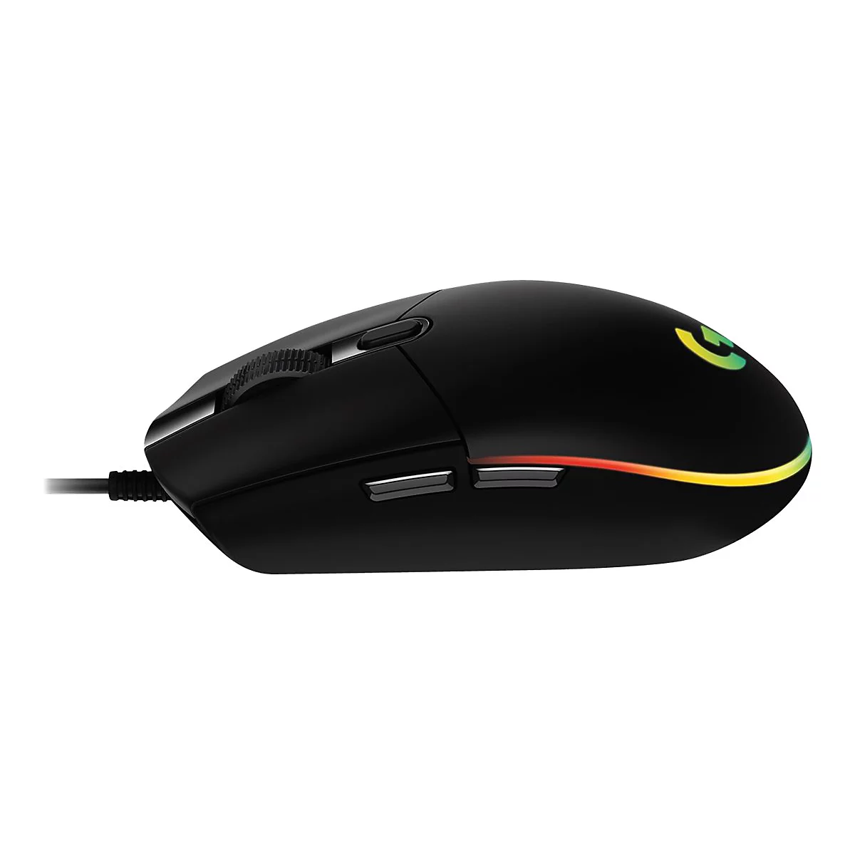 Schwarze Gaming-Maus mit farbiger Beleuchtung. Oben befindet sich ein Scrollrad und eine Taste, an der Seite zwei weitere Tasten.
