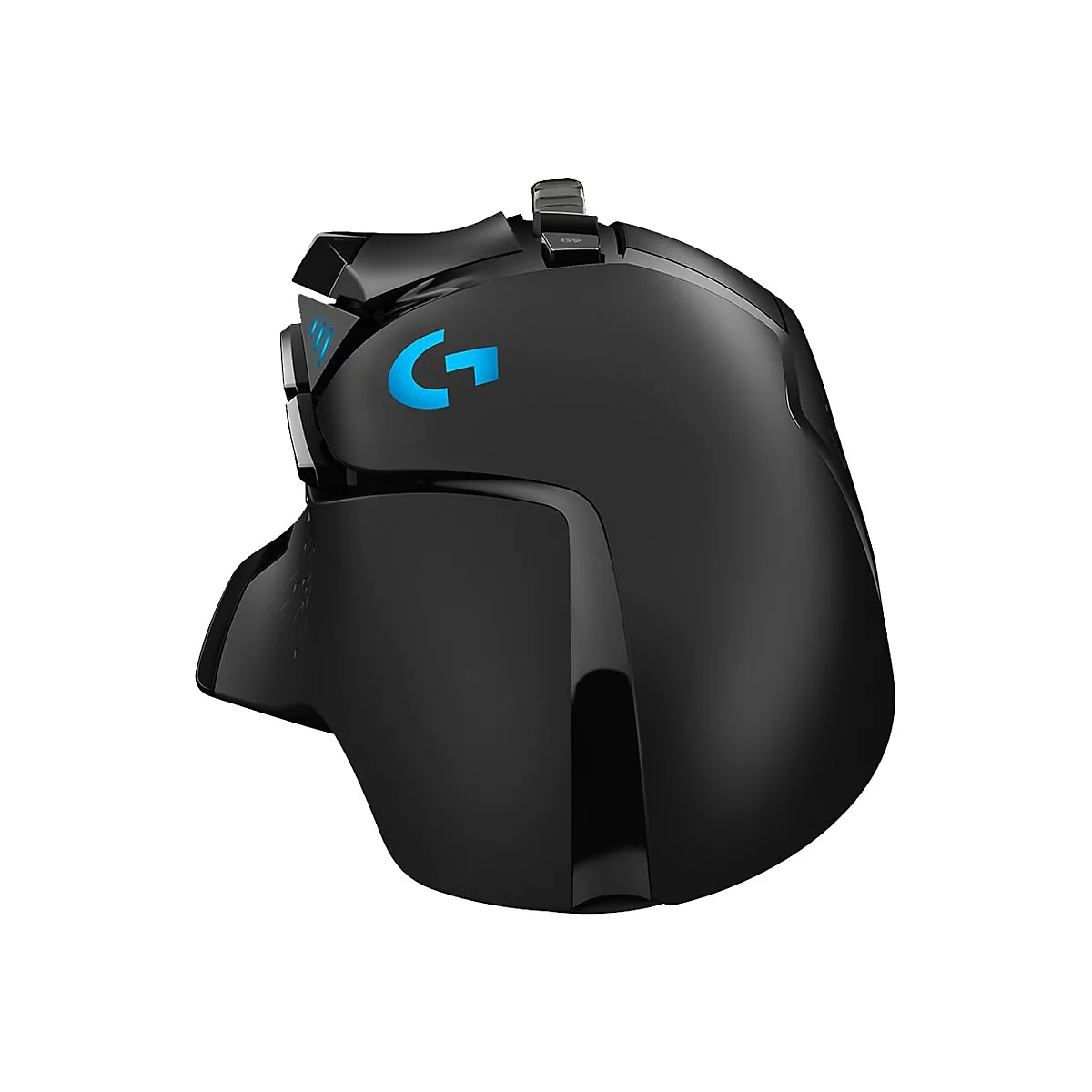 Schwarze Gaming-Maus mit blauem Logo. Detailansicht des ergonomischen Designs. Blaue Leuchtelemente.