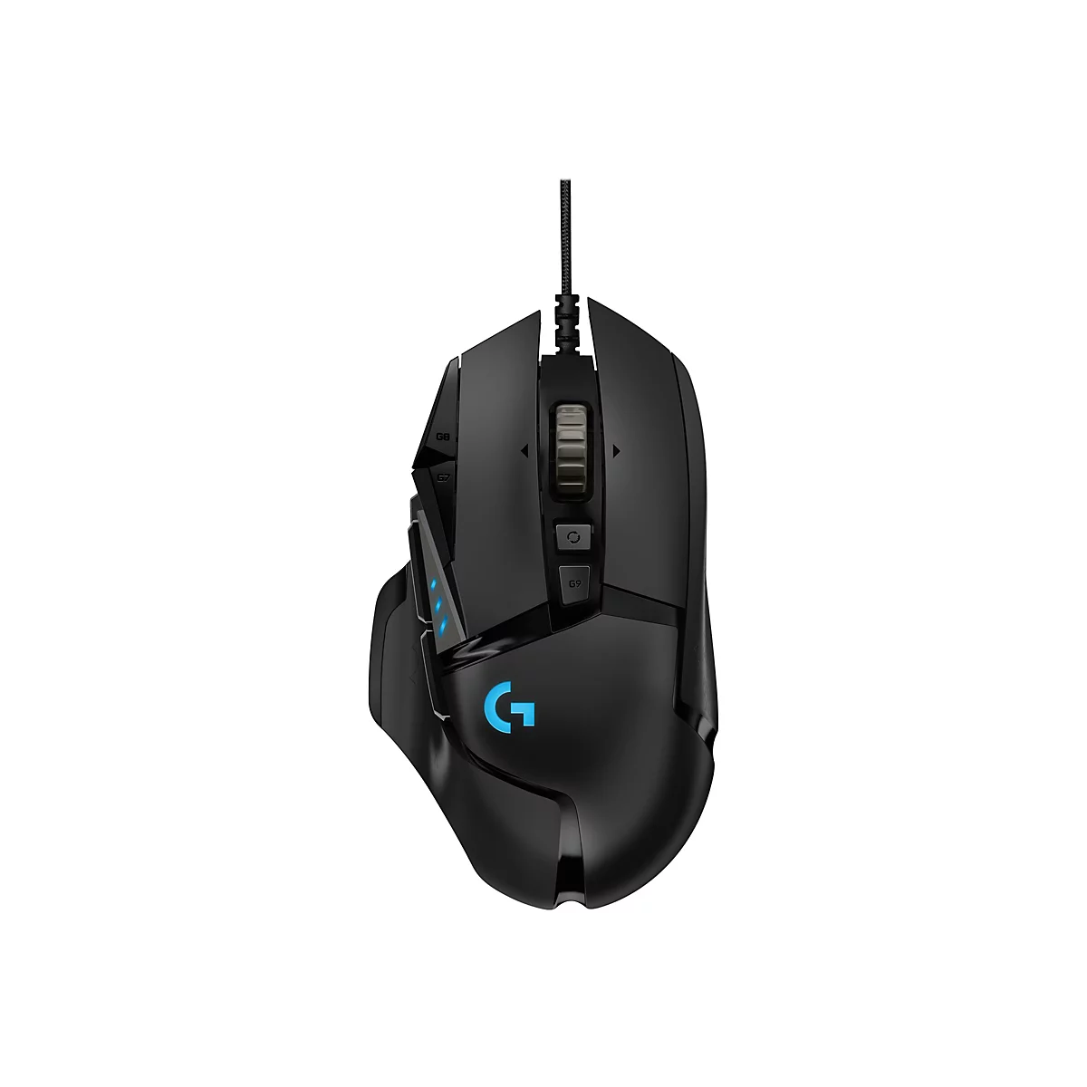 Schwarze Gaming-Maus mit blauen Akzenten und seitlichen Knöpfen. Das Logo "G" leuchtet blau.