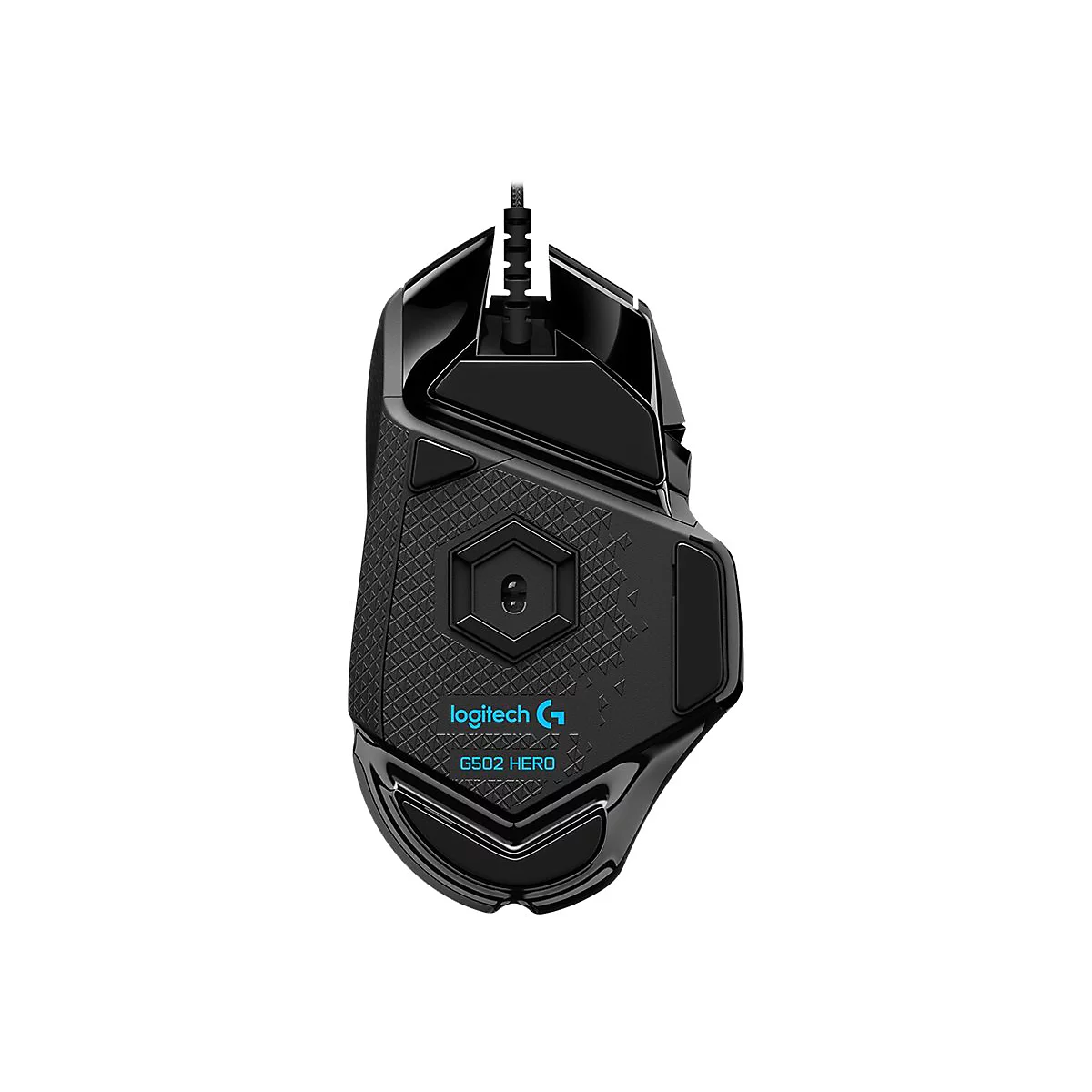 Schwarze Gaming-Maus mit Logo, G502 HERO-Schriftzug und Kabelanschluss auf weißem Hintergrund.