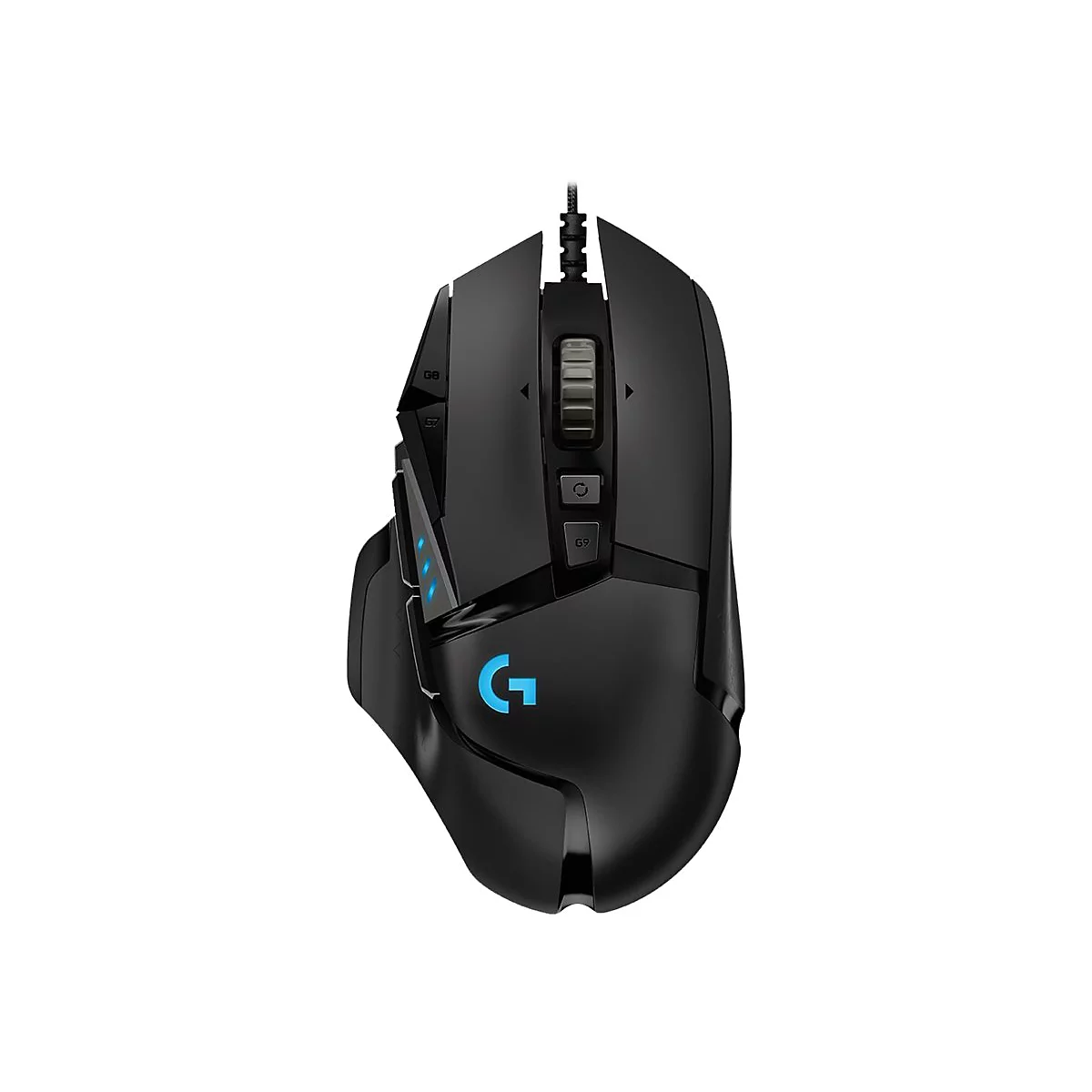 Schwarze Logitech Gaming-Maus mit blauem leuchtendem Logo auf weißem Hintergrund.
