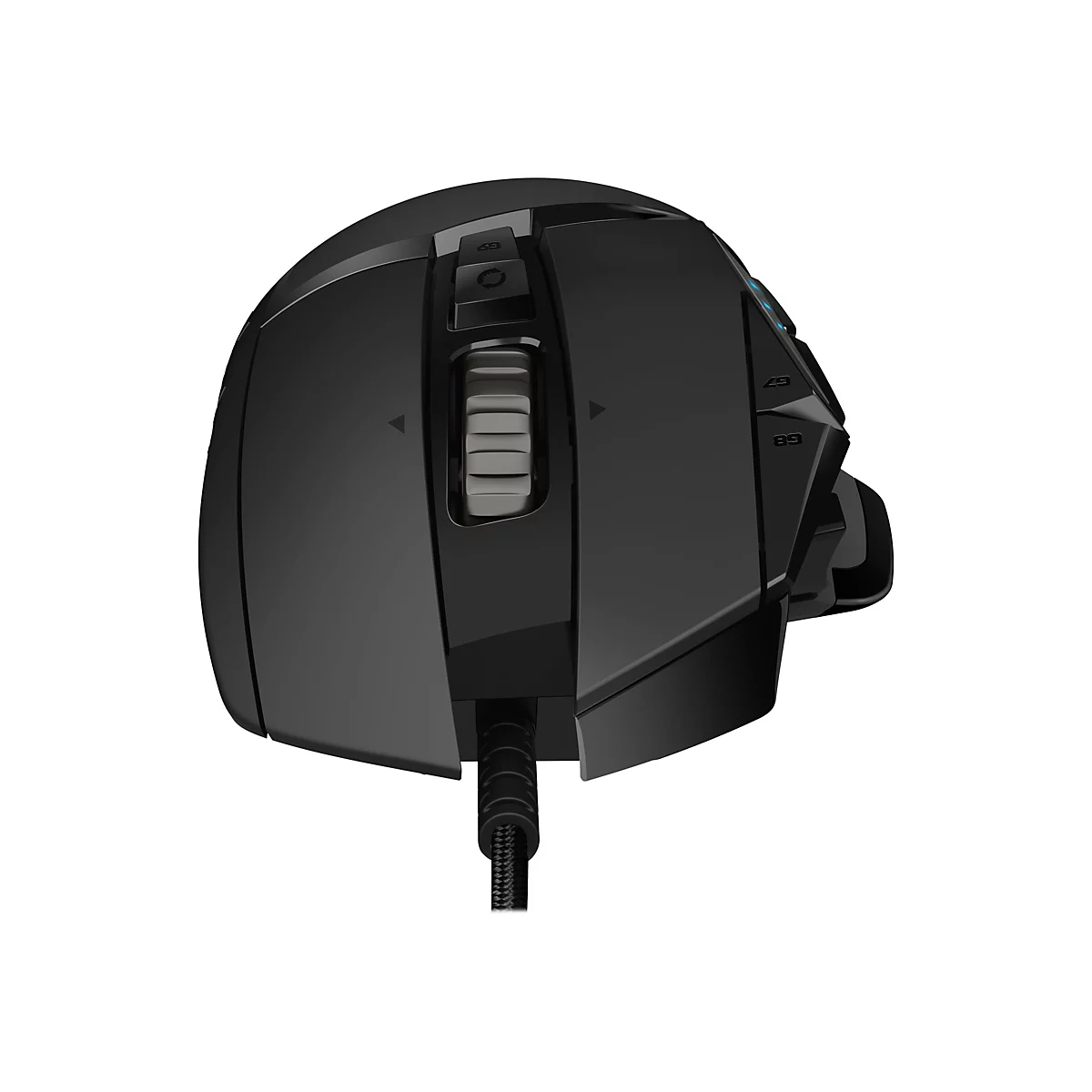 Schwarze Gaming-Maus, Seitenansicht mit Scrollrad, Kabel.