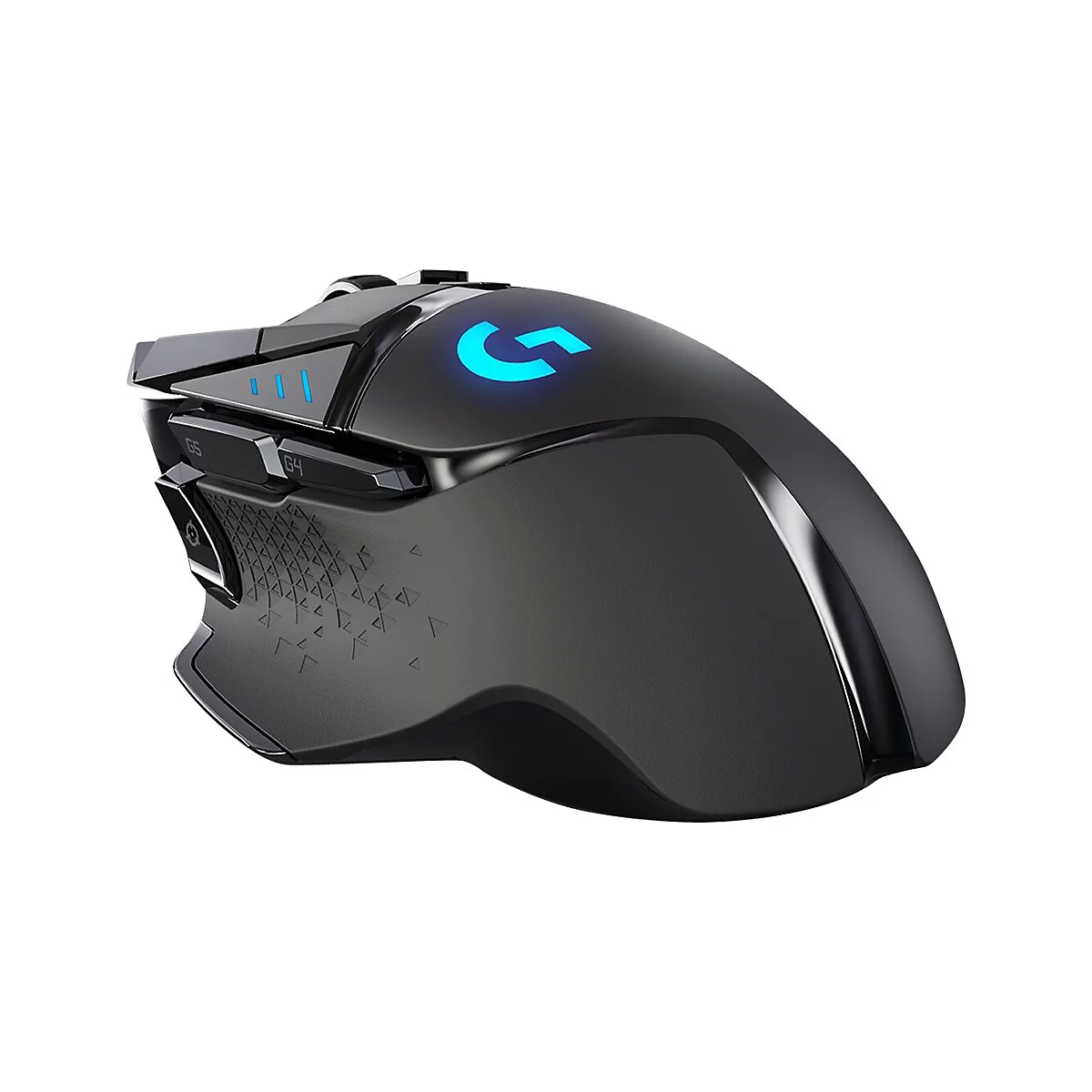 Schwarze Gaming-Maus mit beleuchtetem Logo. Seitentasten und Design-Elemente. Logo 'G' leuchtet blau.