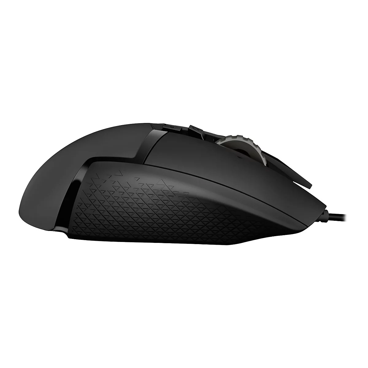 Schwarze Gaming-Maus mit strukturierten Seiten, Scrollrad und Kabel.