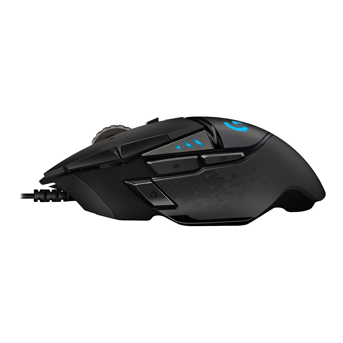 Schwarze Gaming-Maus mit blauen Akzenten und beleuchtetem Logo auf weiÃŸem Hintergrund.