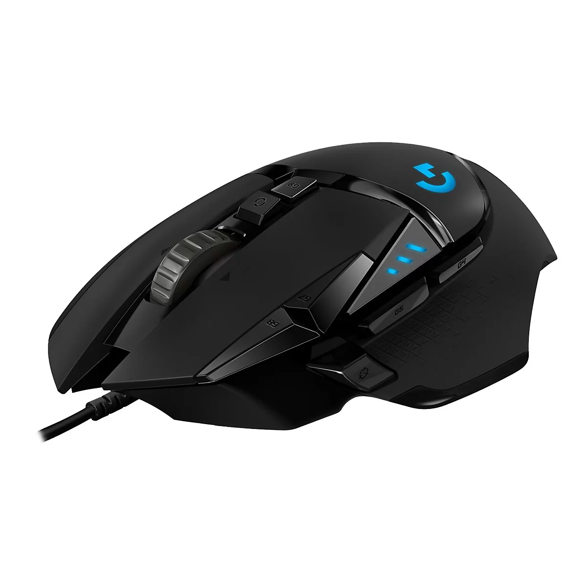 Schwarze Gaming-Maus mit mehreren Tasten, Rollrad und Markenlogo.