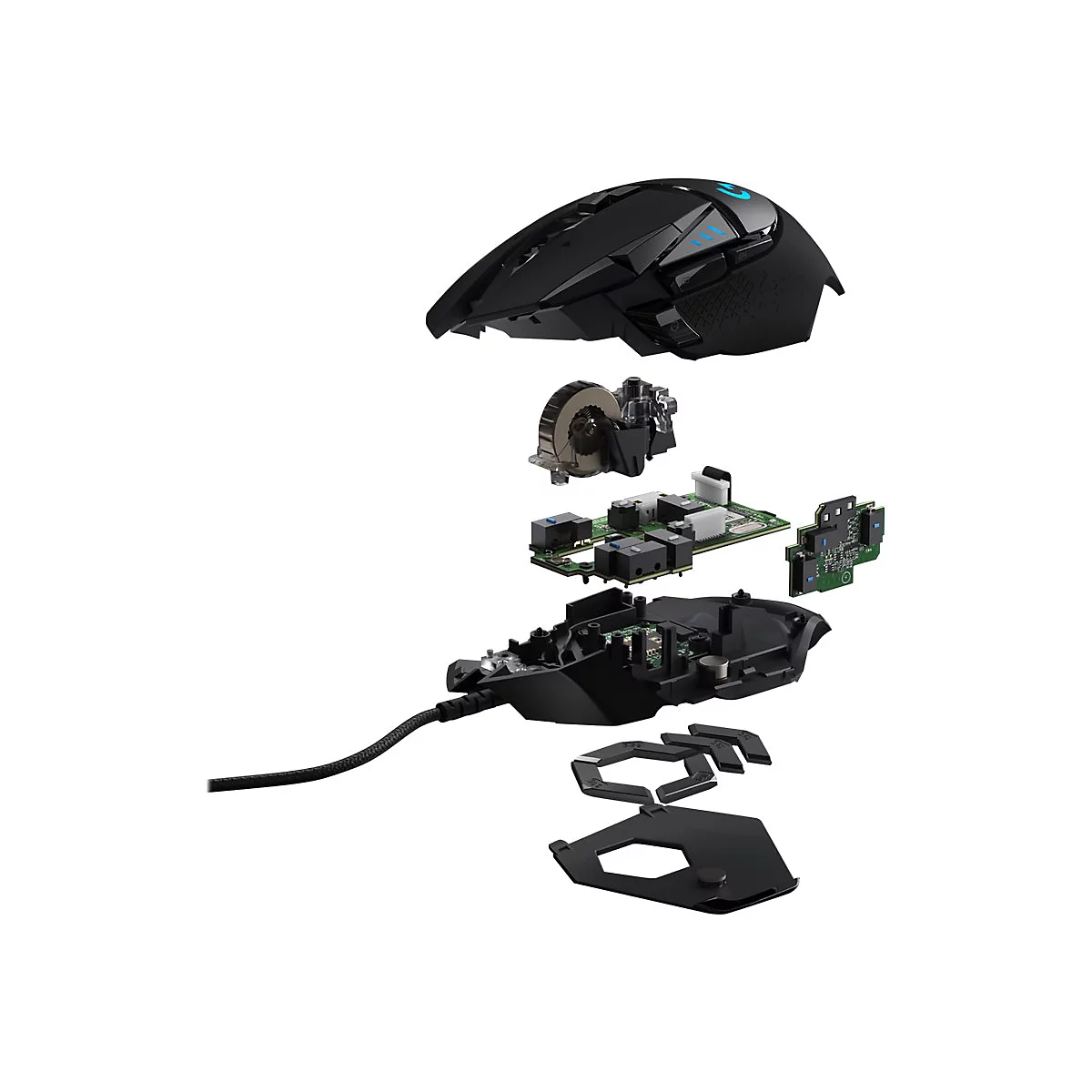 Vue Ã©clatÃ©e d'une souris de jeu noire, avec tous les composants visibles.