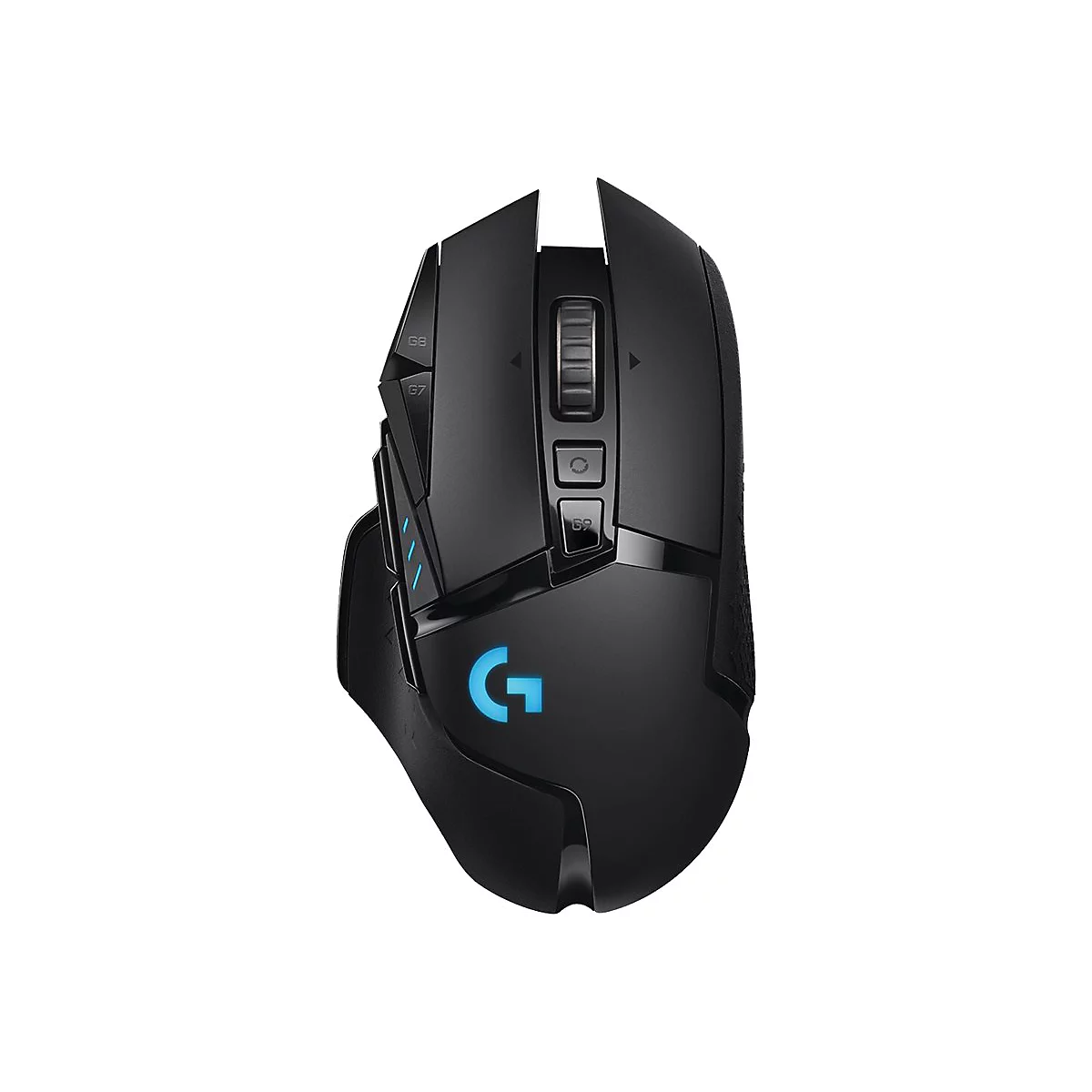 Schwarze Gaming-Maus mit blauem Logo. Auf der Oberseite befinden sich ein Scrollrad und Tasten.