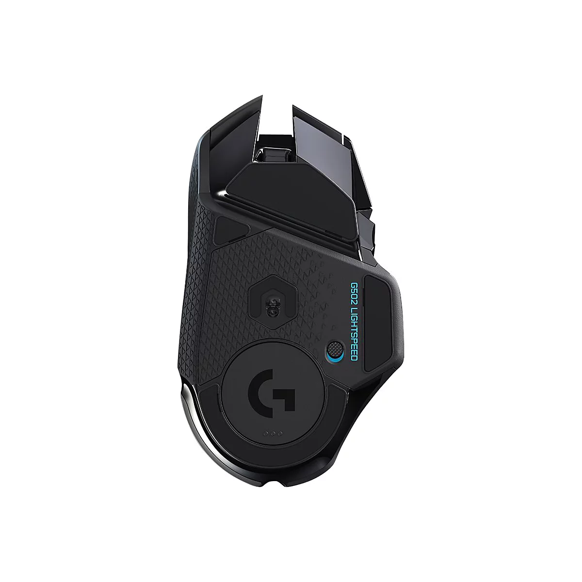 Schwarze Gaming-Maus G502 Lightspeed von Logitech, Unterseite, Logo und Beschriftung sichtbar.