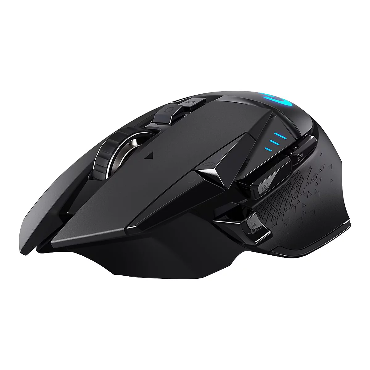 Schwarze Gaming-Maus mit blauen Lichtelementen. Deutlich sichtbares Scrollrad, und mehrere Tasten.