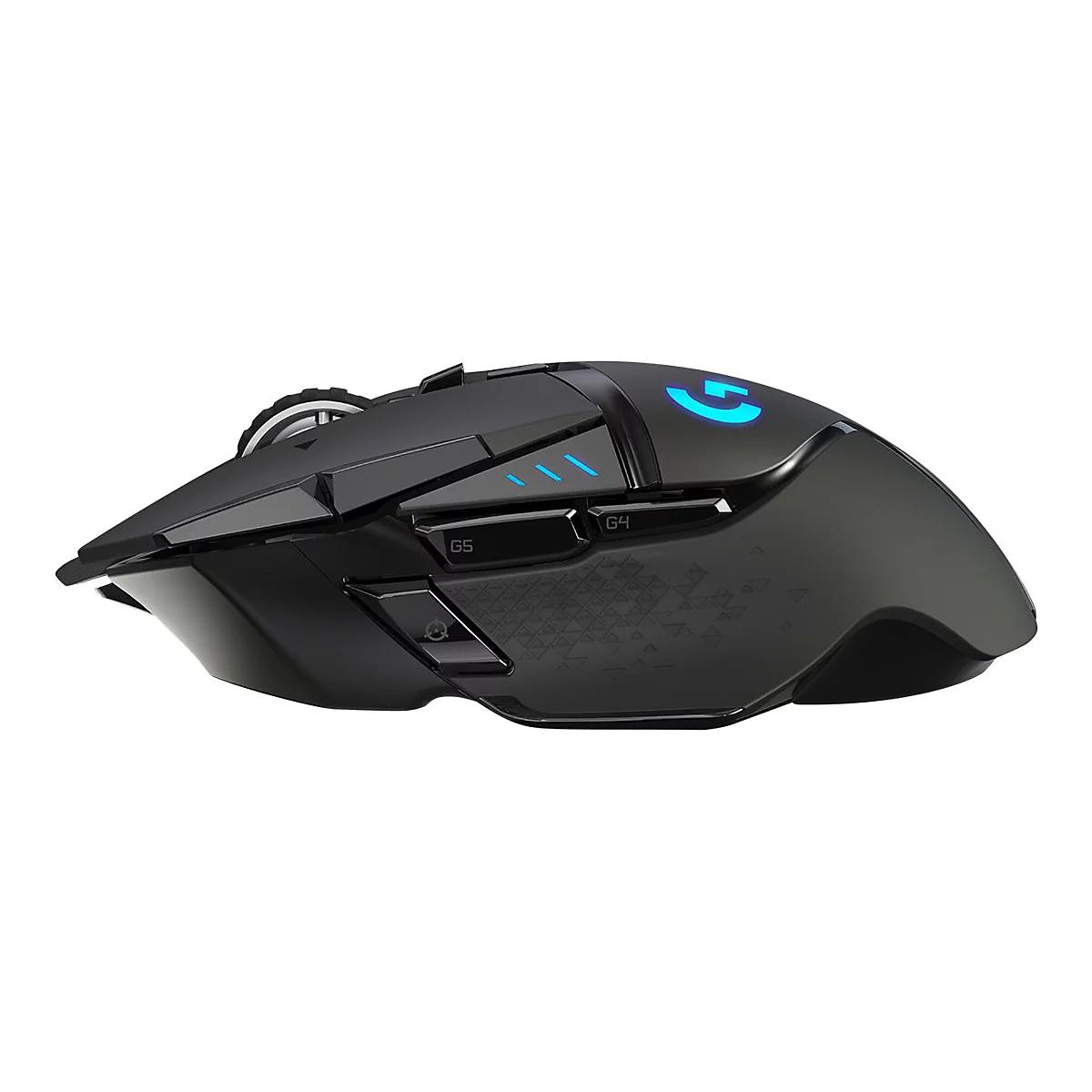 Schwarze Gaming-Maus mit blauem Logo und KnÃ¶pfen. Auf weiÃŸem Hintergrund, Seitenansicht.
