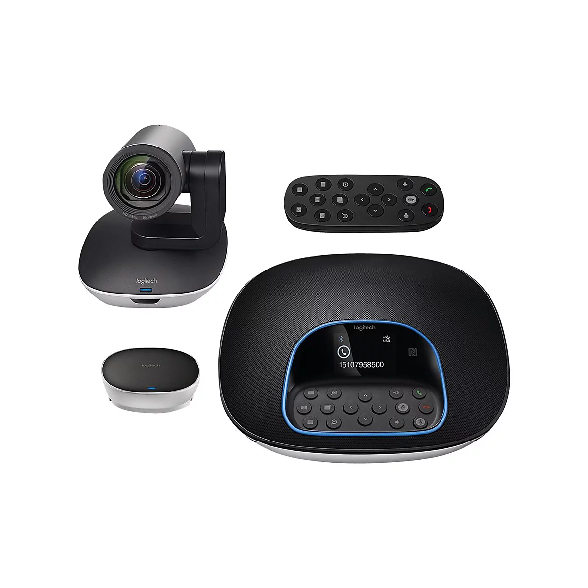 Kamera, Mikrofon und Fernbedienung fÃ¼r Videokonferenzen, vor weiÃŸem Hintergrund.