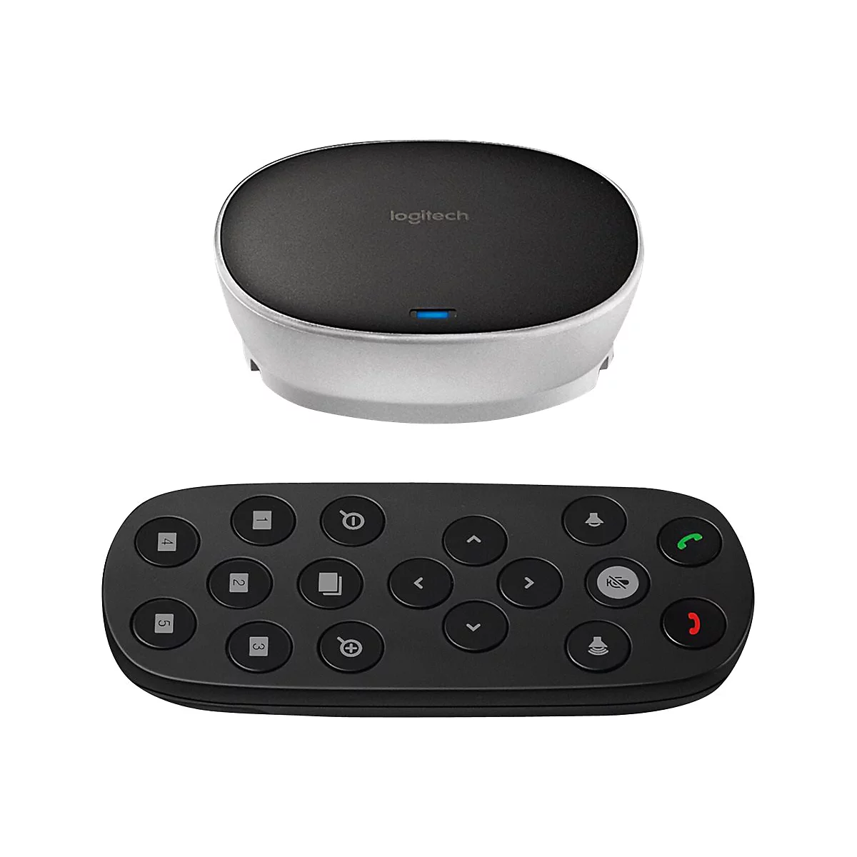 Ein schwarzes Logitech-Konferenzsystem mit Fernbedienung. Das obere Gerät ist rund, silberfarben und schwarz, mit Logitech-Logo. Die Fernbedienung hat runde Tasten.