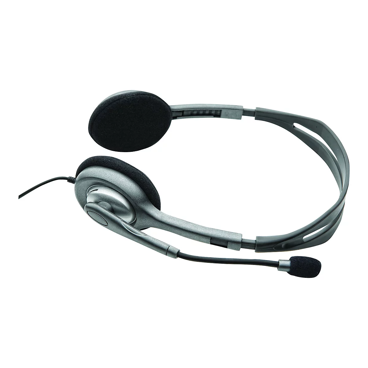 Casque gris avec microphone sur fond blanc. L'arceau et les écouteurs sont reconnaissables.