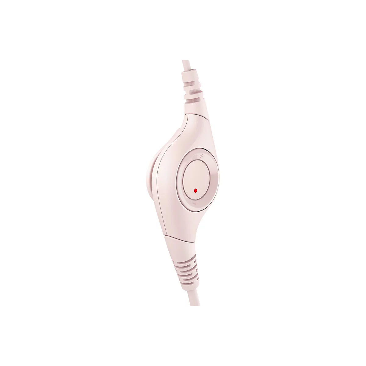 Gros plan d'une télécommande de casque rose clair avec des boutons et une lumière rouge. Le fond est blanc.