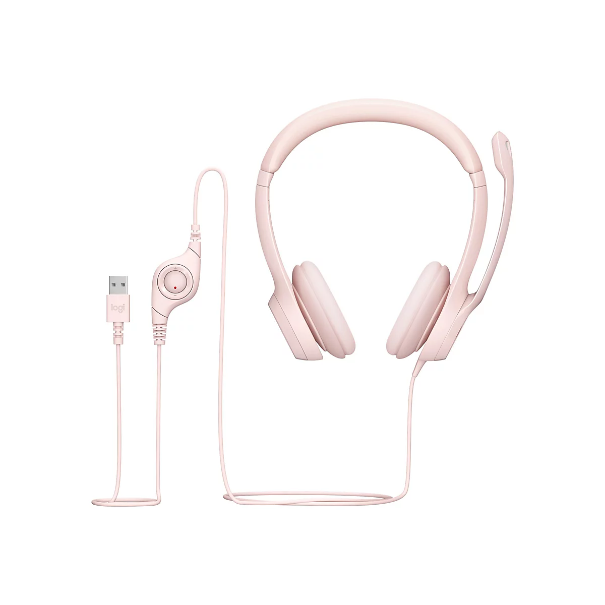 Casque rose clair avec microphone et connecteur USB. Le casque est posé sur un fond blanc.