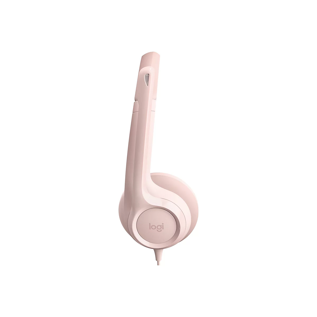 Casque rose clair de profil, câble vers le bas. "Logi" est sur l'écouteur.