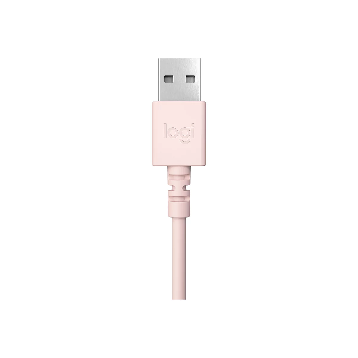 Câble USB rose clair avec le logo Logi. Le connecteur est argenté.